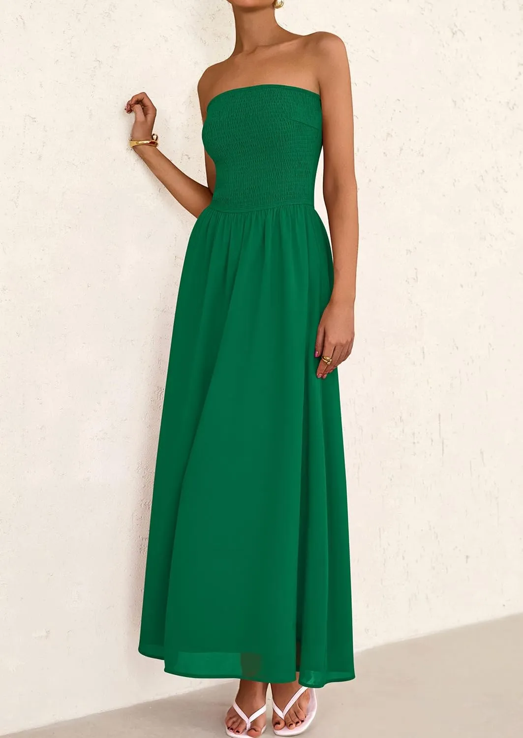 PRETTYGARDEN Women's Strapless Wedding Guest Dresses 2025 Summer Trendy Elegant Smocked Tube Top Maxi Long Flowy Sundress