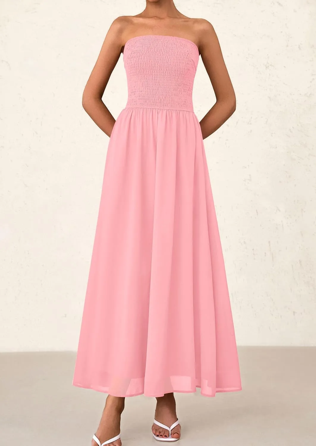 PRETTYGARDEN Women's Strapless Wedding Guest Dresses 2025 Summer Trendy Elegant Smocked Tube Top Maxi Long Flowy Sundress