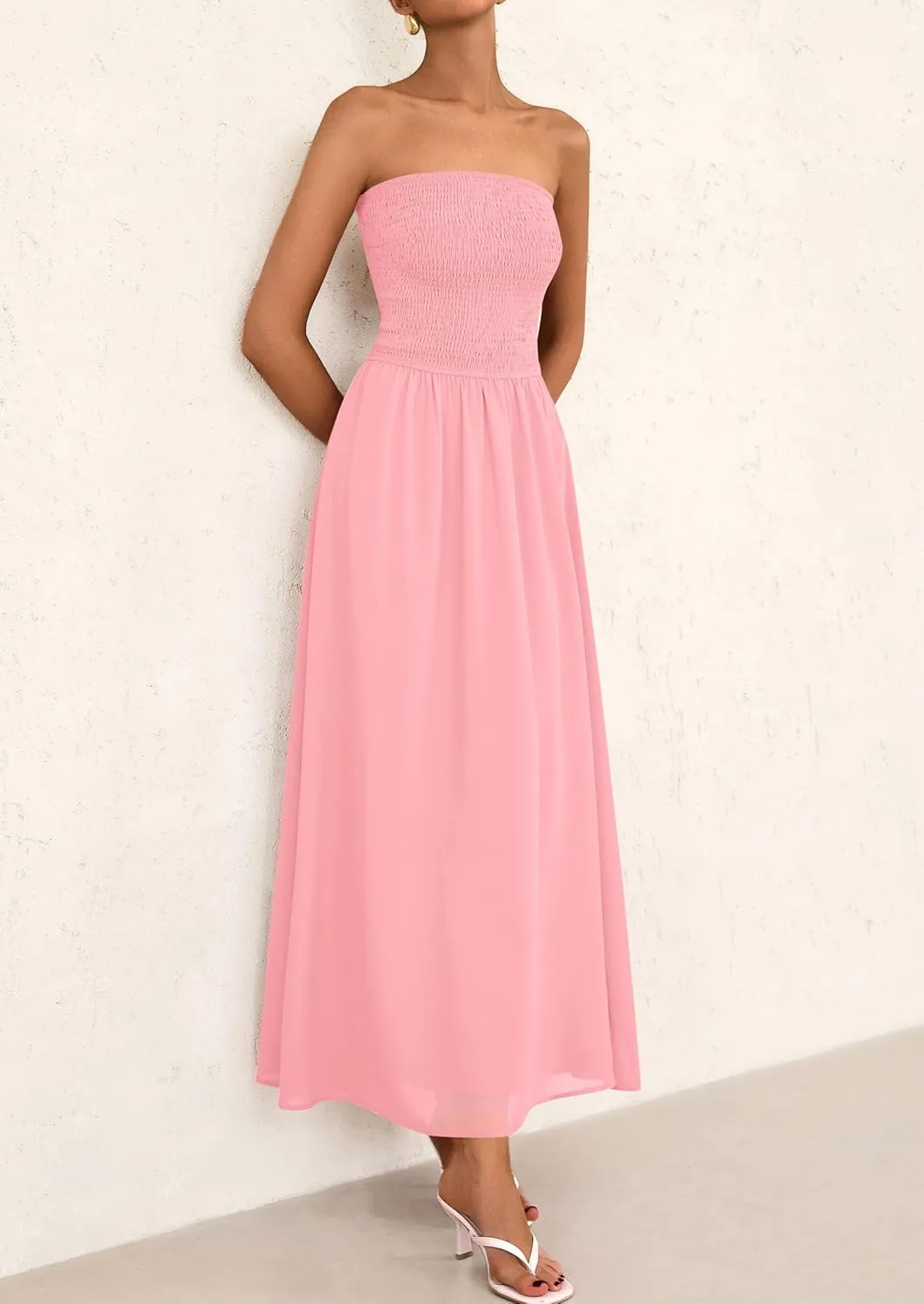PRETTYGARDEN Women's Strapless Wedding Guest Dresses 2025 Summer Trendy Elegant Smocked Tube Top Maxi Long Flowy Sundress