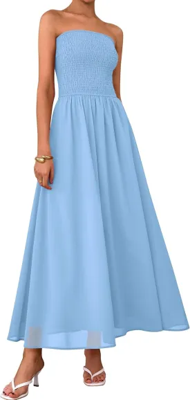 PRETTYGARDEN Women's Strapless Wedding Guest Dresses 2025 Summer Trendy Elegant Smocked Tube Top Maxi Long Flowy Sundress