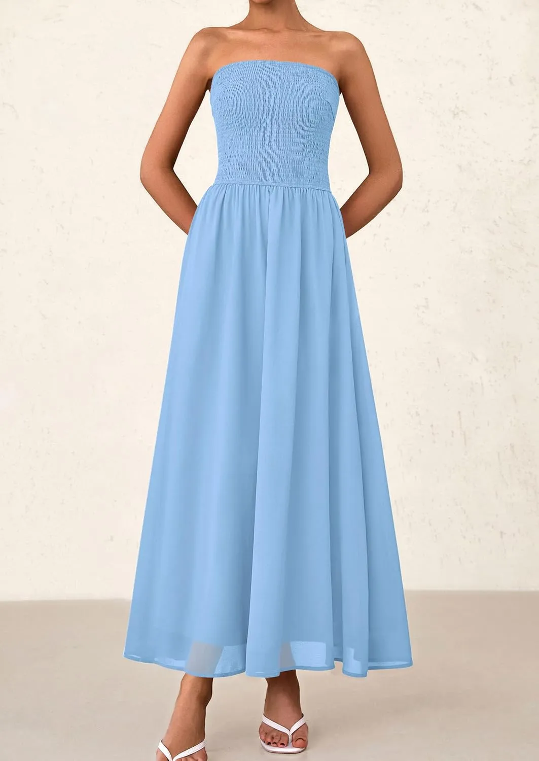 PRETTYGARDEN Women's Strapless Wedding Guest Dresses 2025 Summer Trendy Elegant Smocked Tube Top Maxi Long Flowy Sundress
