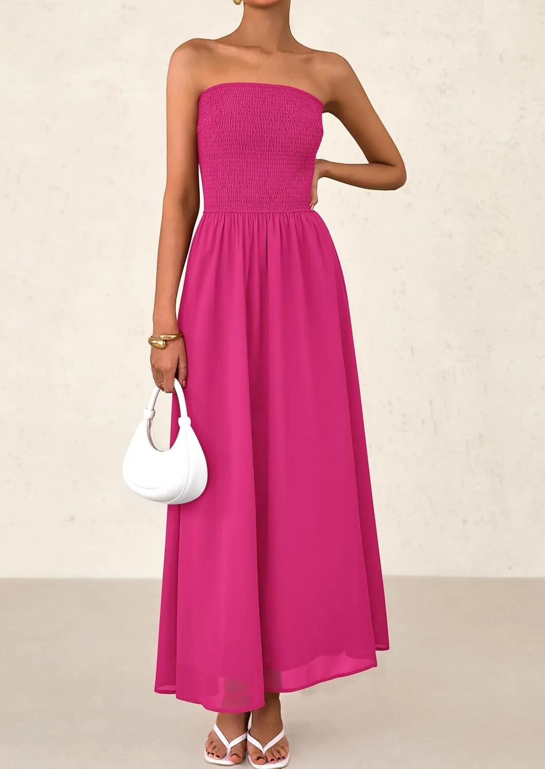 PRETTYGARDEN Women's Strapless Wedding Guest Dresses 2025 Summer Trendy Elegant Smocked Tube Top Maxi Long Flowy Sundress