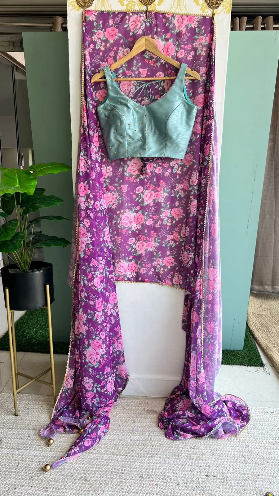 Purple floral georgette saree with hand worked blouse