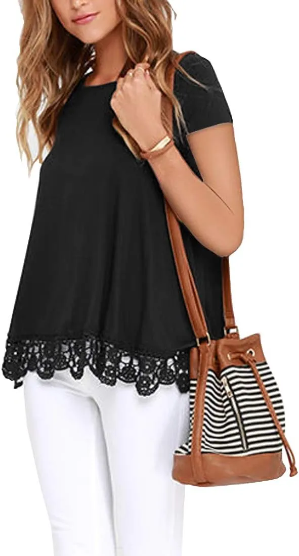 QIXING Women Tops Lace Trim O Neck A Line Tunic Blouse