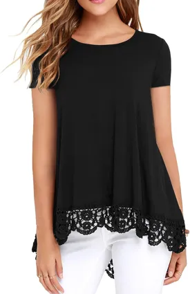 QIXING Women Tops Lace Trim O Neck A Line Tunic Blouse