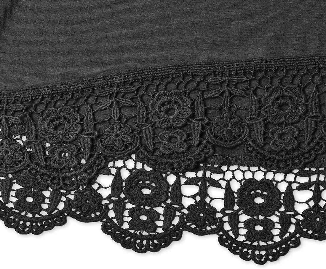 QIXING Women Tops Lace Trim O Neck A Line Tunic Blouse