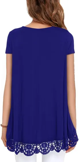 QIXING Women Tops Lace Trim O Neck A Line Tunic Blouse