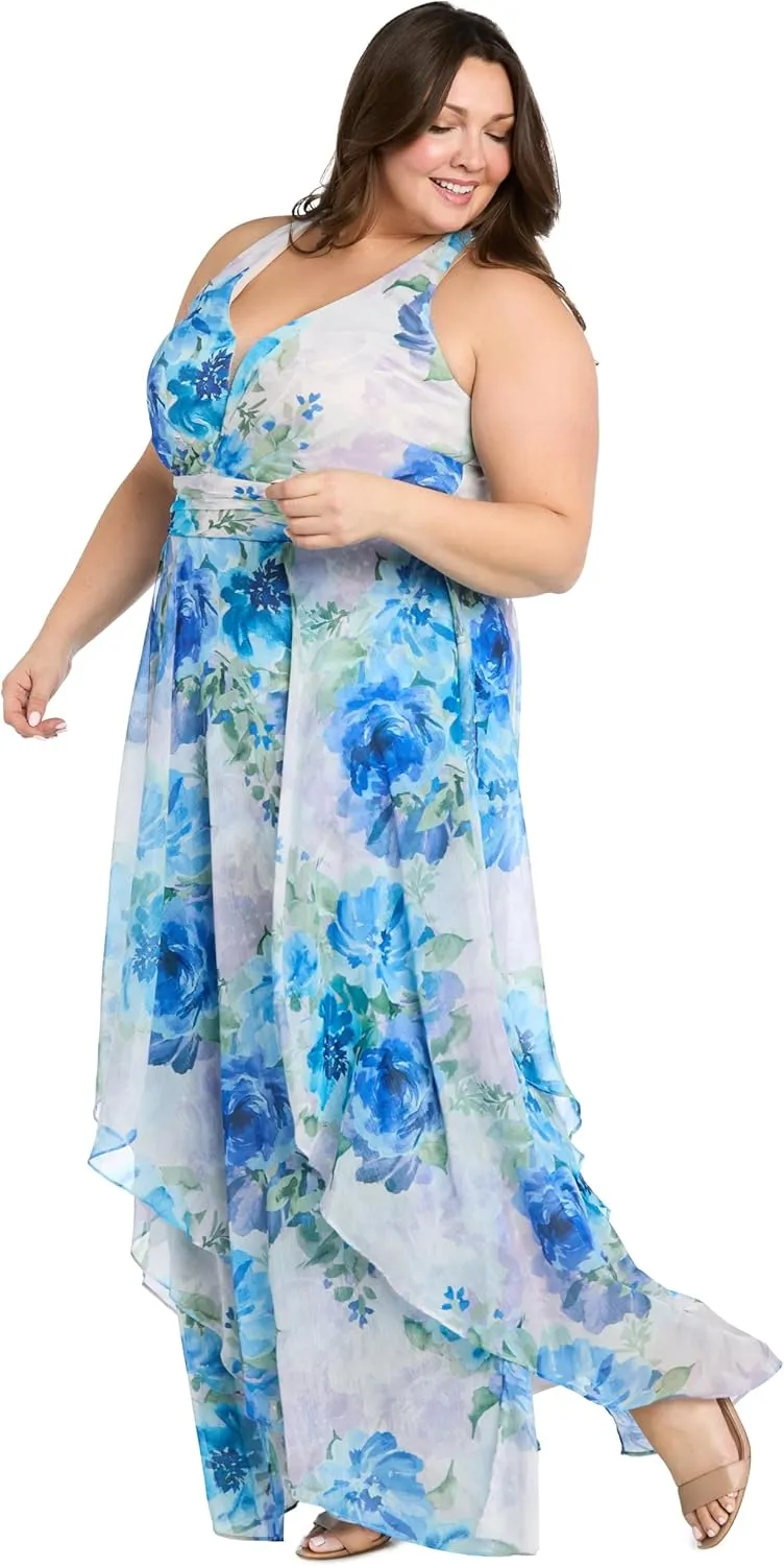 R&M Richards Flowy Chiffon Maxi Dress W/Floral Print & Ruffled Tiered Skirt