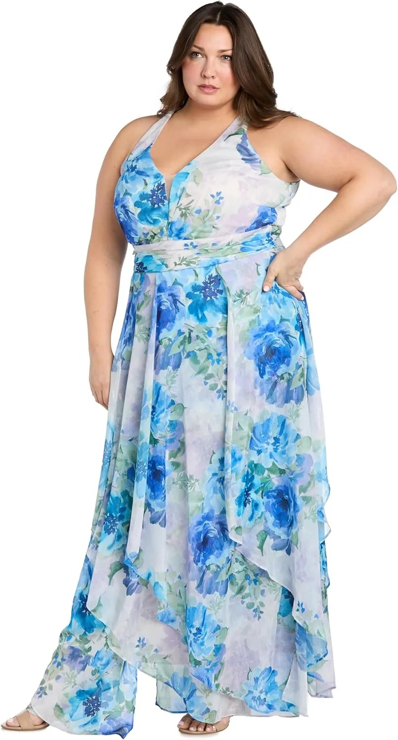 R&M Richards Flowy Chiffon Maxi Dress W/Floral Print & Ruffled Tiered Skirt