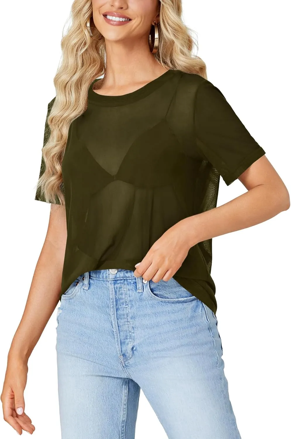 Rooscier Women's Sheer Mesh Short Sleeve Round Neck See Through Sexy Blouse Shirt Top