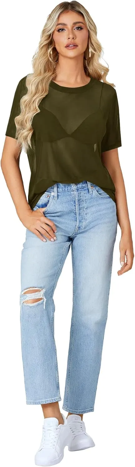 Rooscier Women's Sheer Mesh Short Sleeve Round Neck See Through Sexy Blouse Shirt Top