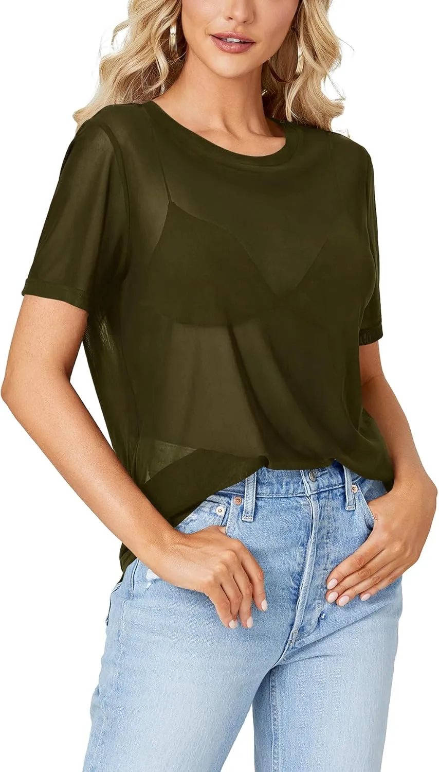 Rooscier Women's Sheer Mesh Short Sleeve Round Neck See Through Sexy Blouse Shirt Top