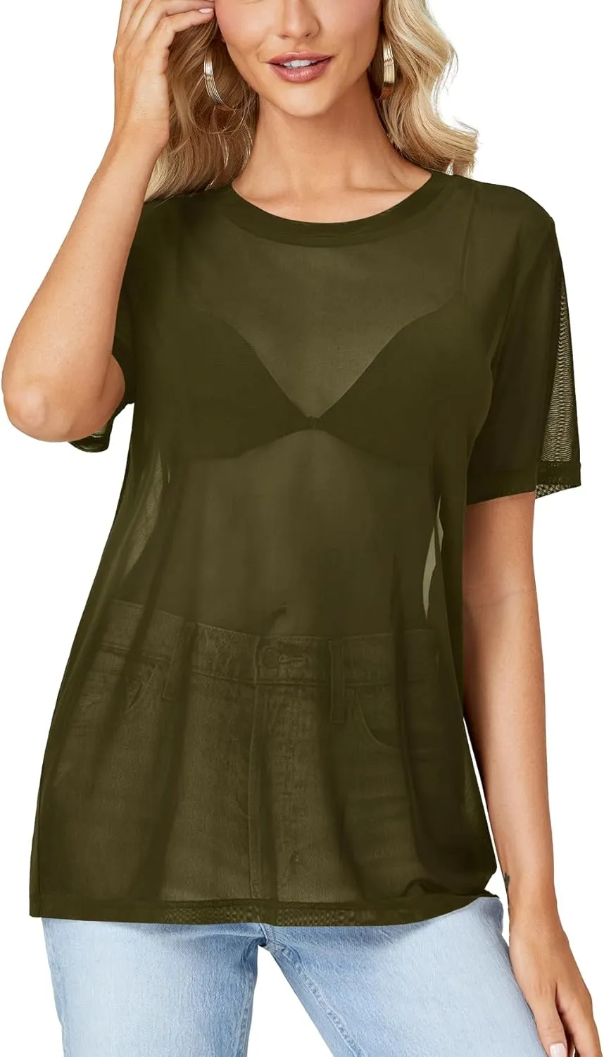 Rooscier Women's Sheer Mesh Short Sleeve Round Neck See Through Sexy Blouse Shirt Top