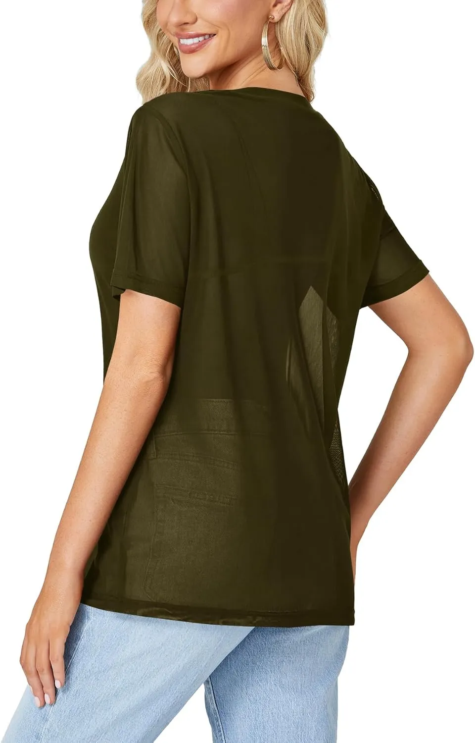 Rooscier Women's Sheer Mesh Short Sleeve Round Neck See Through Sexy Blouse Shirt Top