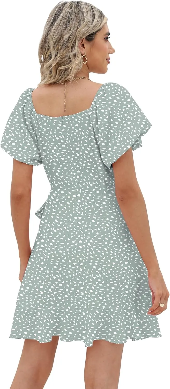 SAMPEEL Womens Summer Dresses Square Neck Puff Sleeve Tie Waist Short Dress