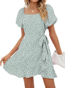 SAMPEEL Womens Summer Dresses Square Neck Puff Sleeve Tie Waist Short Dress