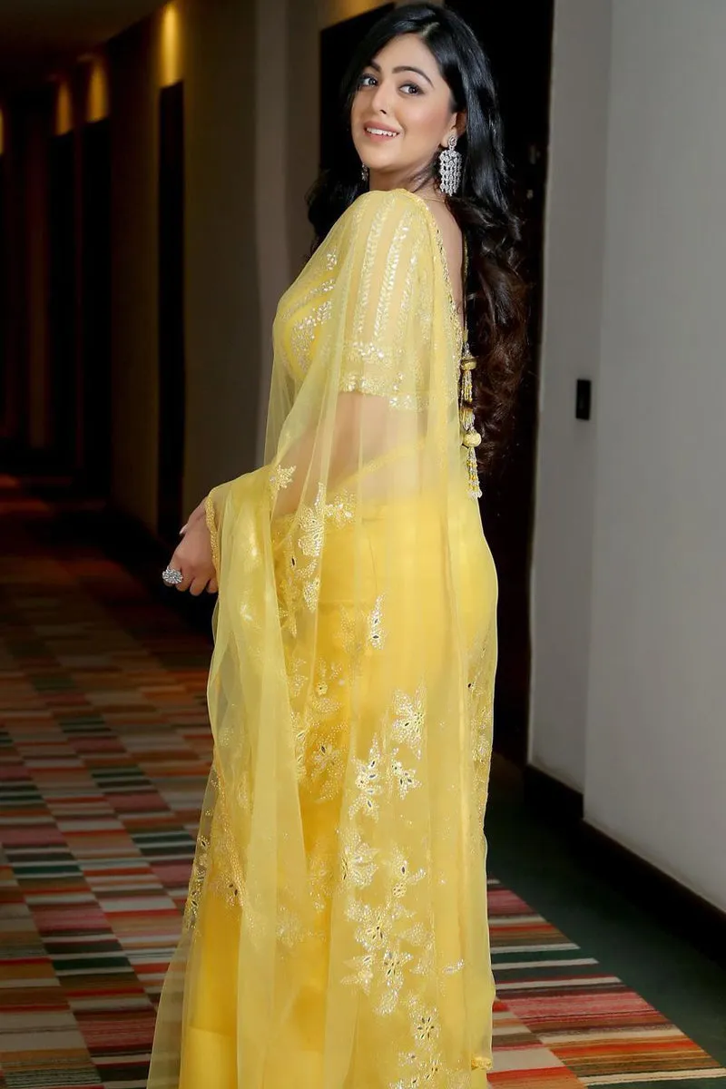 Shafaq Naaz in Sunburst Yellow Tulle Saree