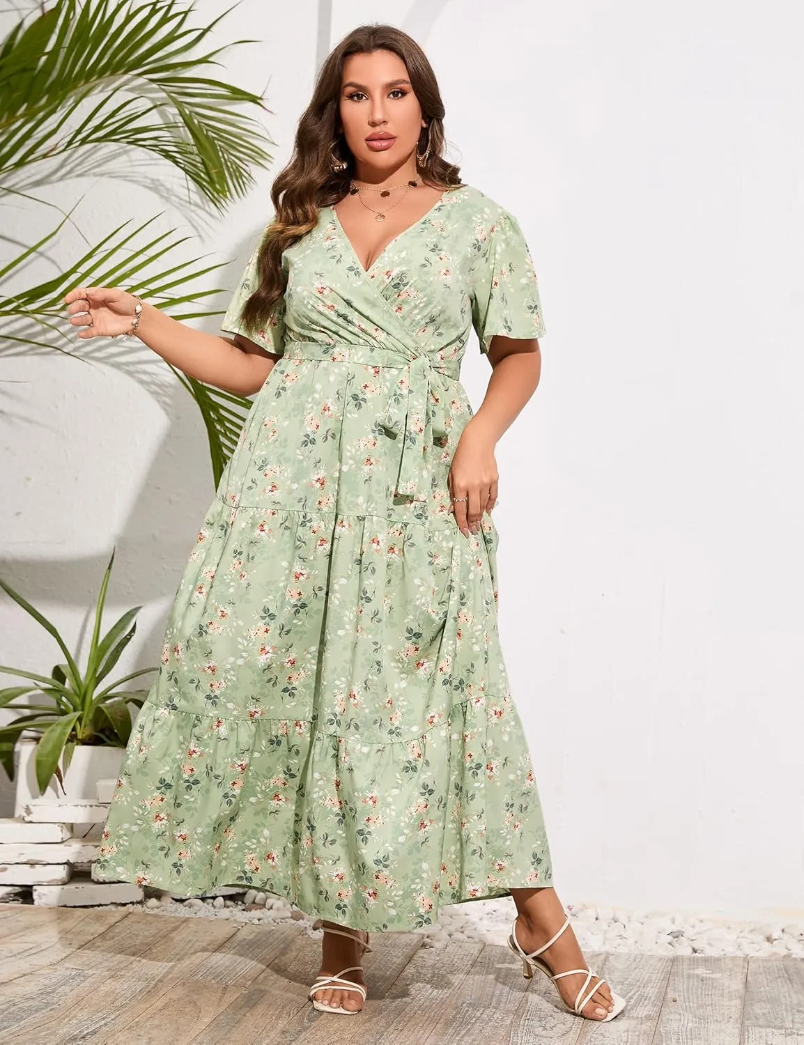ShopWonder Womens Plus Size V Neck Wrap Maxi Dress High Waist Ruffle Summer Casual Dress with Belt