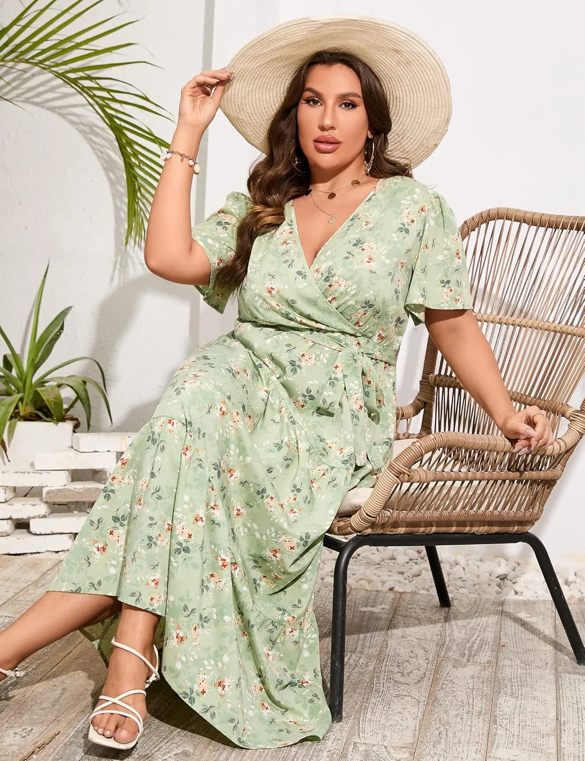 ShopWonder Womens Plus Size V Neck Wrap Maxi Dress High Waist Ruffle Summer Casual Dress with Belt