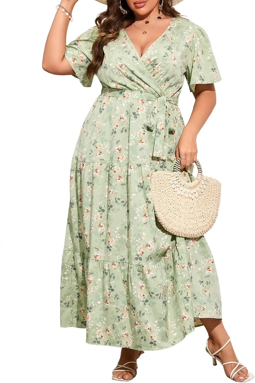 ShopWonder Womens Plus Size V Neck Wrap Maxi Dress High Waist Ruffle Summer Casual Dress with Belt