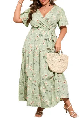 ShopWonder Womens Plus Size V Neck Wrap Maxi Dress High Waist Ruffle Summer Casual Dress with Belt