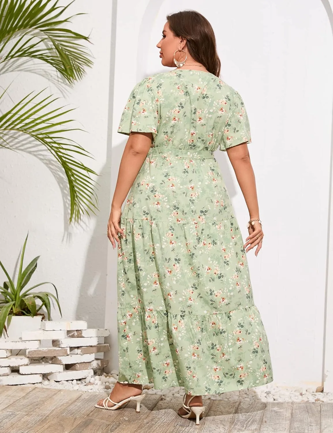 ShopWonder Womens Plus Size V Neck Wrap Maxi Dress High Waist Ruffle Summer Casual Dress with Belt