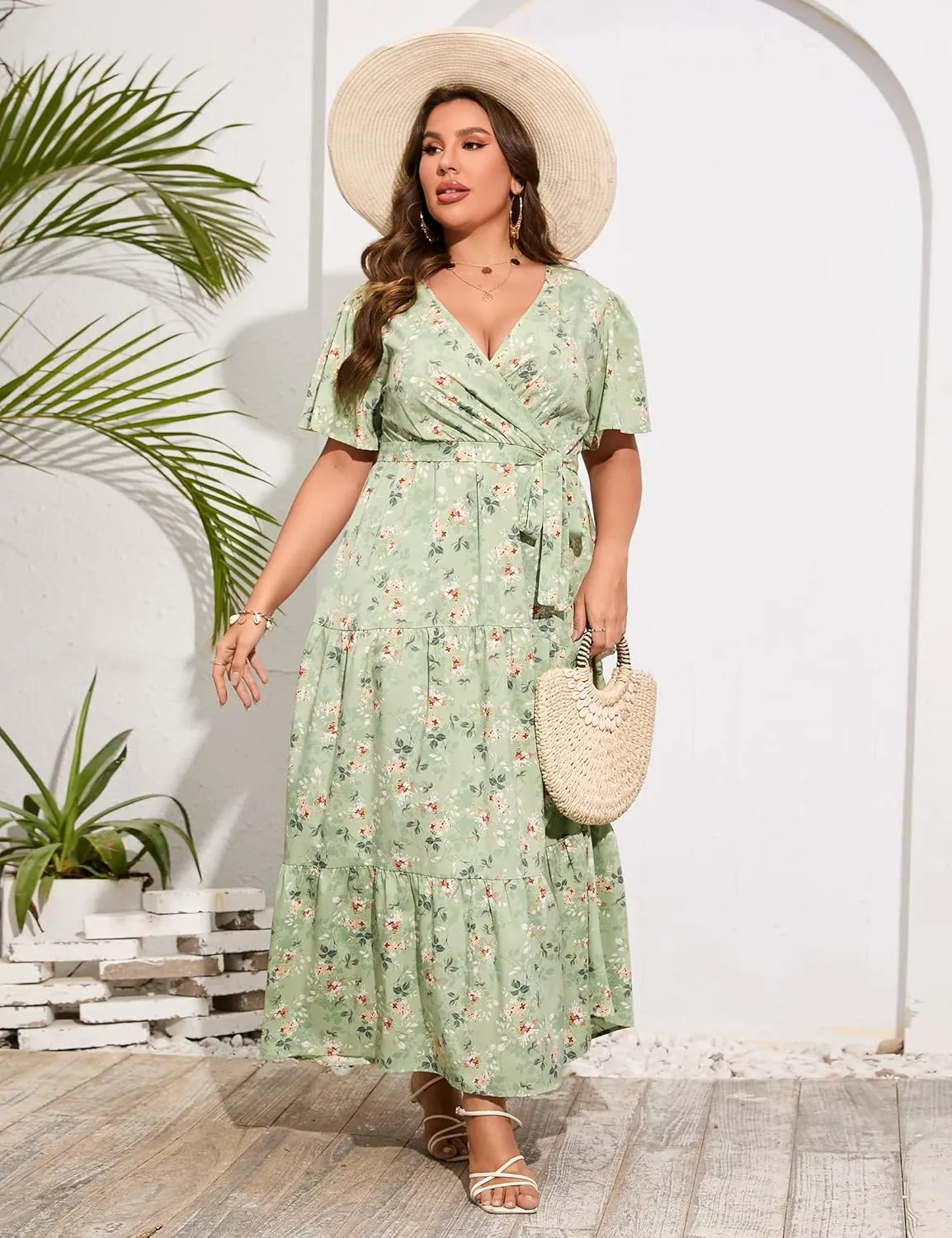 ShopWonder Womens Plus Size V Neck Wrap Maxi Dress High Waist Ruffle Summer Casual Dress with Belt