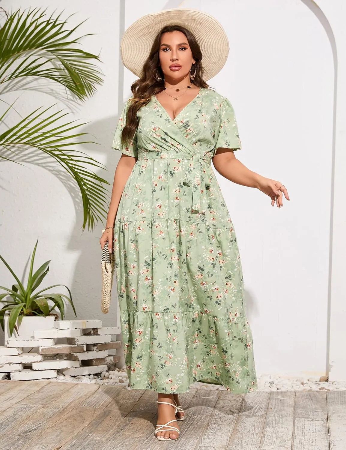 ShopWonder Womens Plus Size V Neck Wrap Maxi Dress High Waist Ruffle Summer Casual Dress with Belt