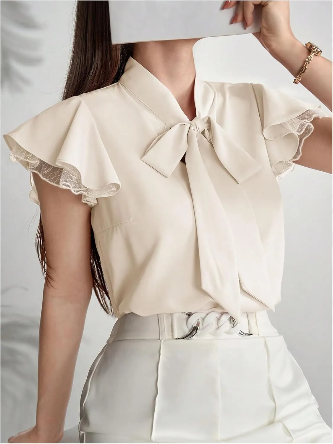 SOLY HUX Women's Bow Tie Neck Blouse Ruffle Cap Sleeve Elegant Work Office Shirt Tops