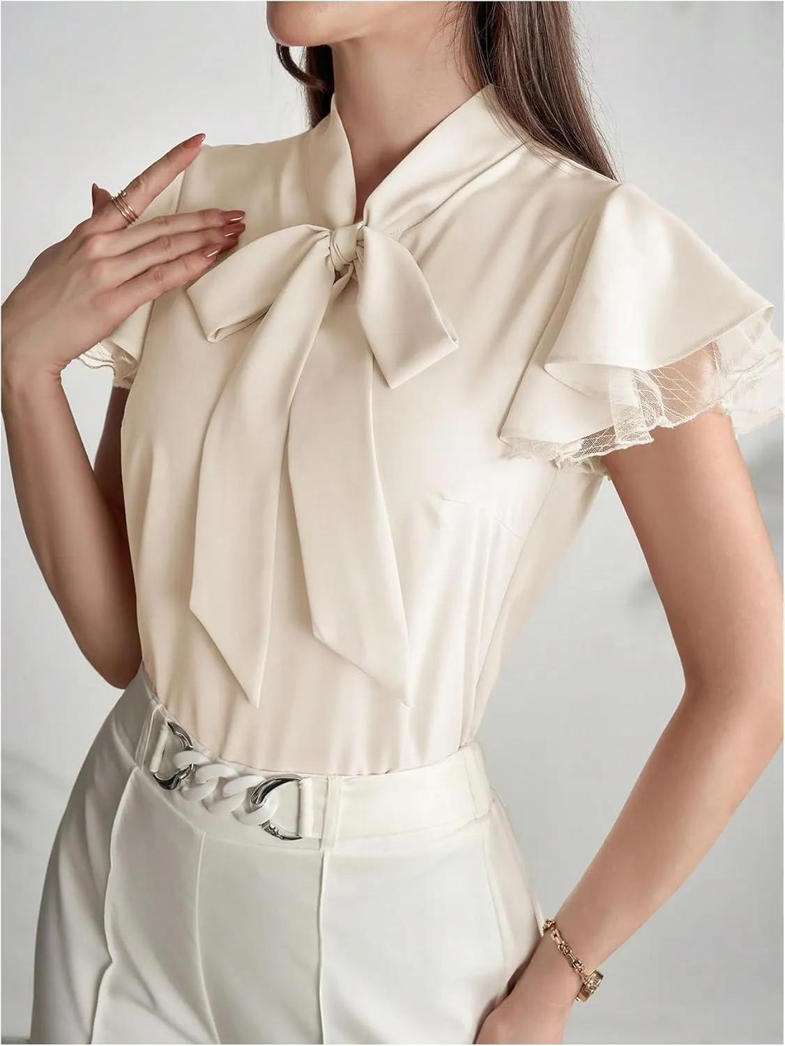 SOLY HUX Women's Bow Tie Neck Blouse Ruffle Cap Sleeve Elegant Work Office Shirt Tops