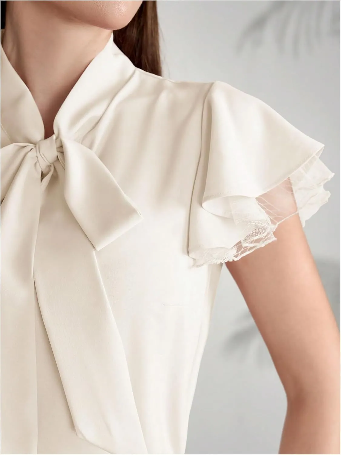 SOLY HUX Women's Bow Tie Neck Blouse Ruffle Cap Sleeve Elegant Work Office Shirt Tops