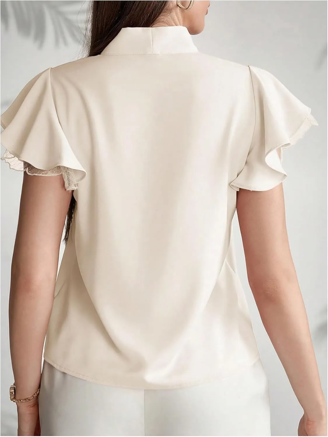 SOLY HUX Women's Bow Tie Neck Blouse Ruffle Cap Sleeve Elegant Work Office Shirt Tops