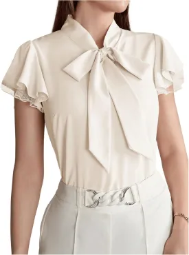 SOLY HUX Women's Bow Tie Neck Blouse Ruffle Cap Sleeve Elegant Work Office Shirt Tops