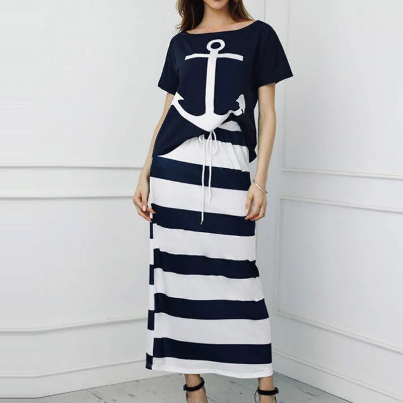 Spot Amazon Bay Navy Wind Casual Anchor Print Short Sleeve T-shirt  Skirt Set