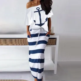 Spot Amazon Bay Navy Wind Casual Anchor Print Short Sleeve T-shirt  Skirt Set