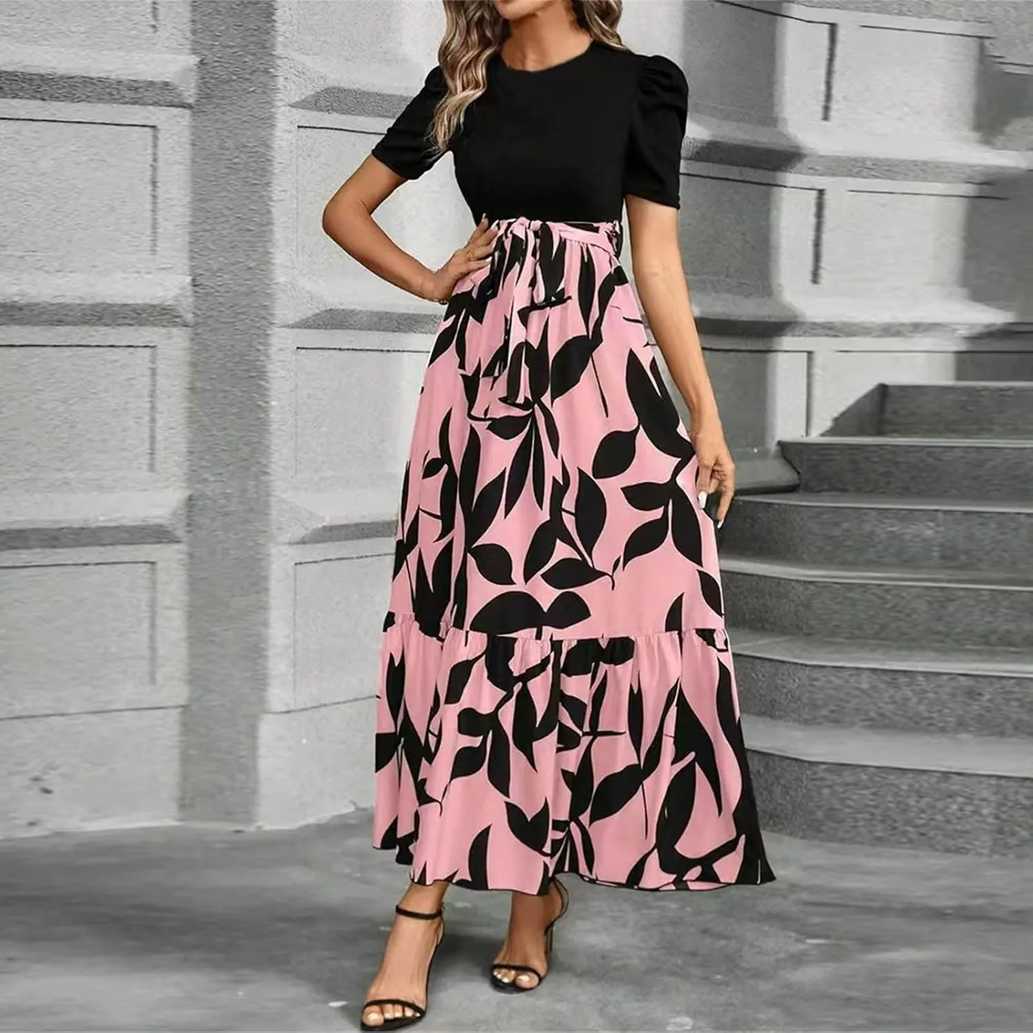 Summer Dresses for Women Puff Sleeve Flowy Floral Dress Casual Maxi Dress with Belt Elegant Sundress Long Dresses