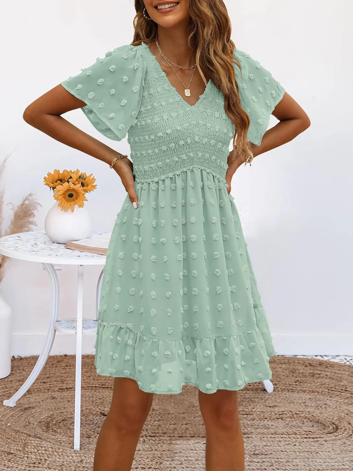 TECREW Womens Smocked Short Sleeve V Neck Mini Dress Summer Swiss Dot Flowy Short Dress
