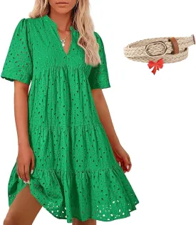 The Beauty North Eyelet Dress, Eyelet Dresses for Women 2025, Women Summer Ruffle Hem Floral Lace Dress