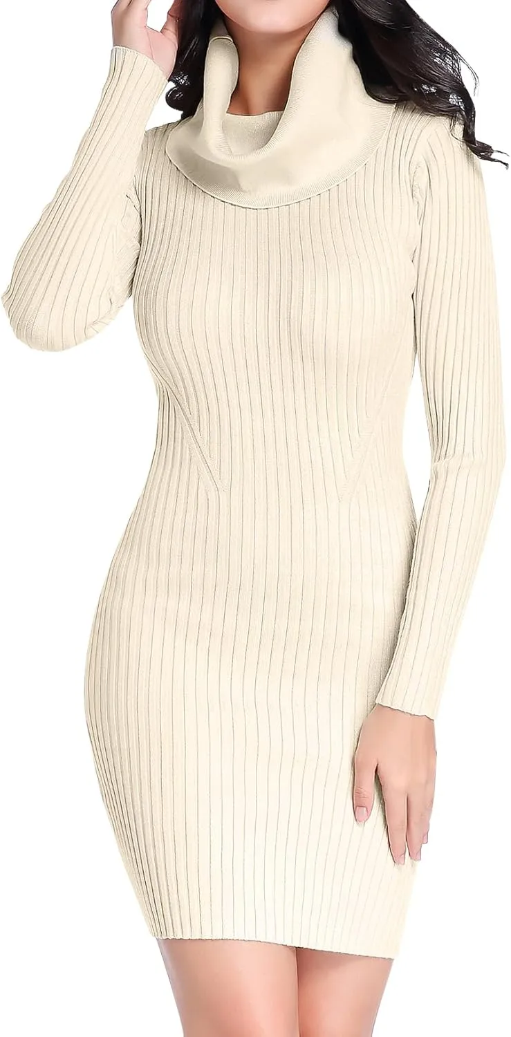 v28 Sweater Dress for Women Ribbed Knit Fitted midi Sexy Fall Winter Bodycon Cowl Neck Dresses