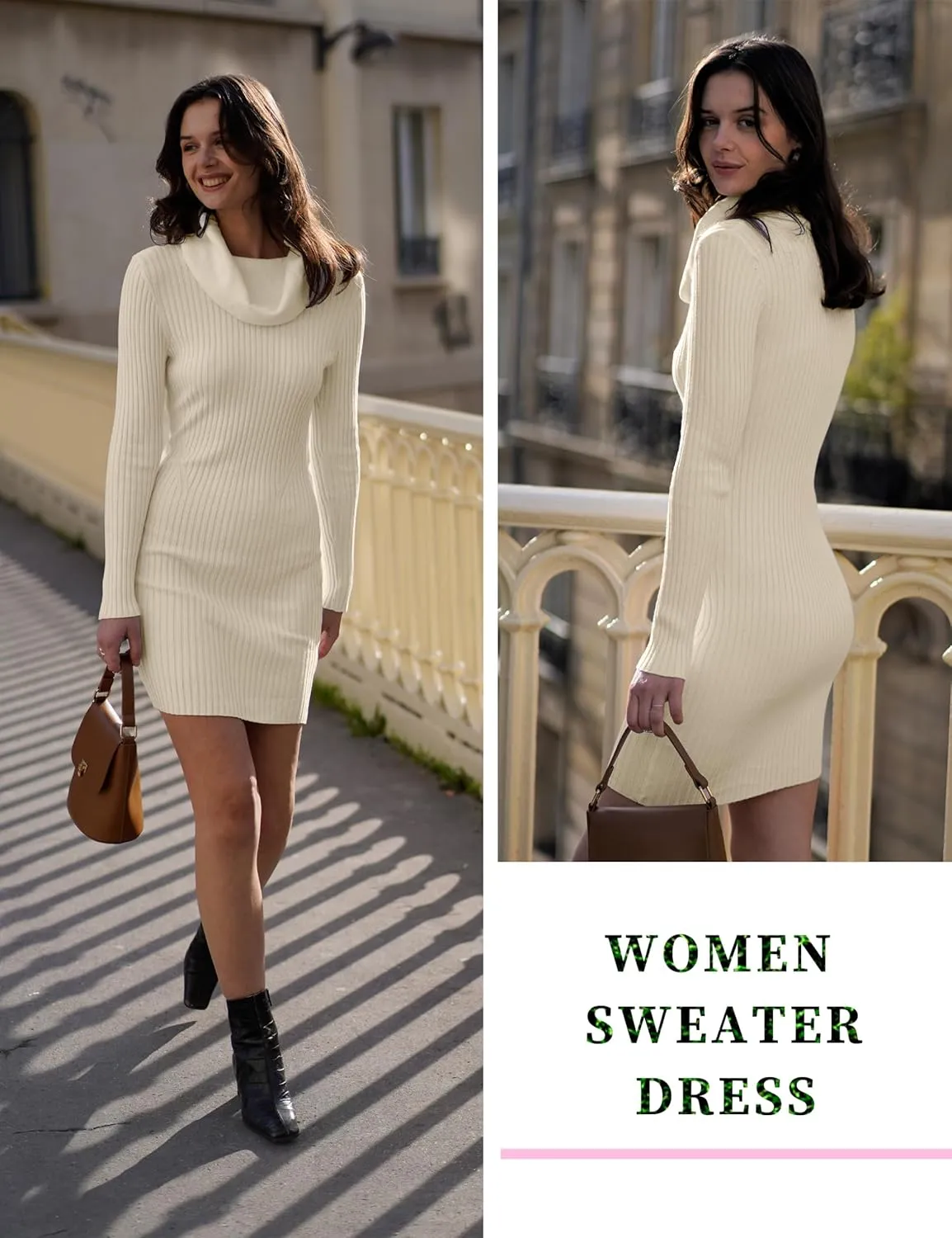 v28 Sweater Dress for Women Ribbed Knit Fitted midi Sexy Fall Winter Bodycon Cowl Neck Dresses