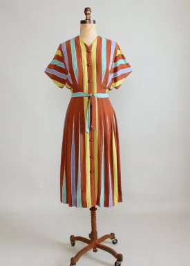 Vintage 1940s Brown Colorful Striped Day Dress