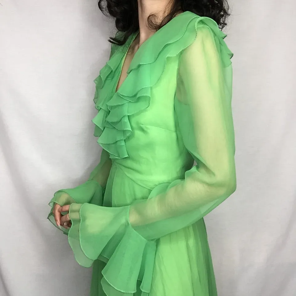 Vintage 70s | COCO California Bright Green Groovy MOD Ruffle Maxi Dress | XS