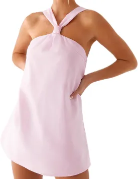 Women Halter Mini Dress Summer Y2K Solid Sexy Open Back Sleeveless Tie Up Bow Aesthetic Short Formal Dresses