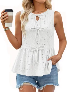 Women Summer Eyelet Peplum Sleeveless Tank Tops Crew Neck Y2K Babydoll Blouse Cute Bow Tie Front Flowy Shirts