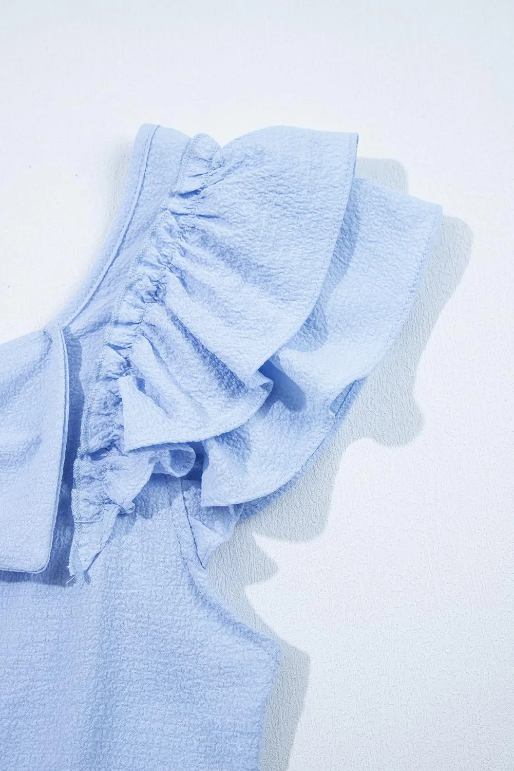 Women's 2025 Summer Top Ruffle Butterfly Sleeve Square Neck Bow Knot Textured Shirt Casual Blouses