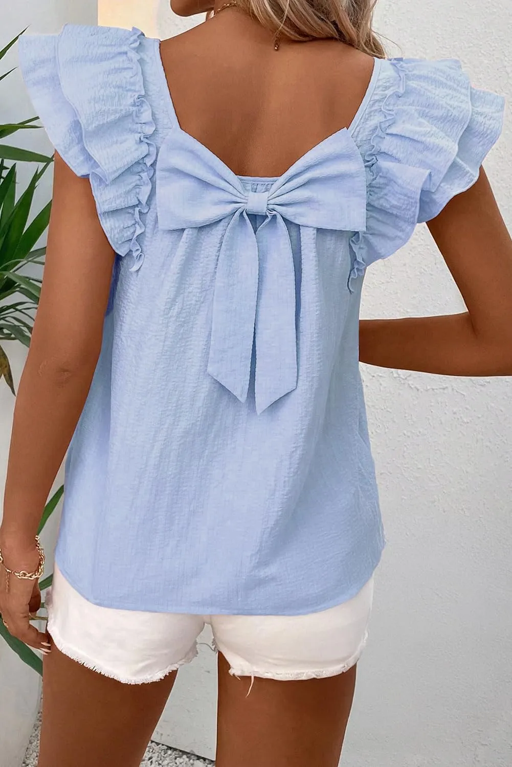 Women's 2025 Summer Top Ruffle Butterfly Sleeve Square Neck Bow Knot Textured Shirt Casual Blouses