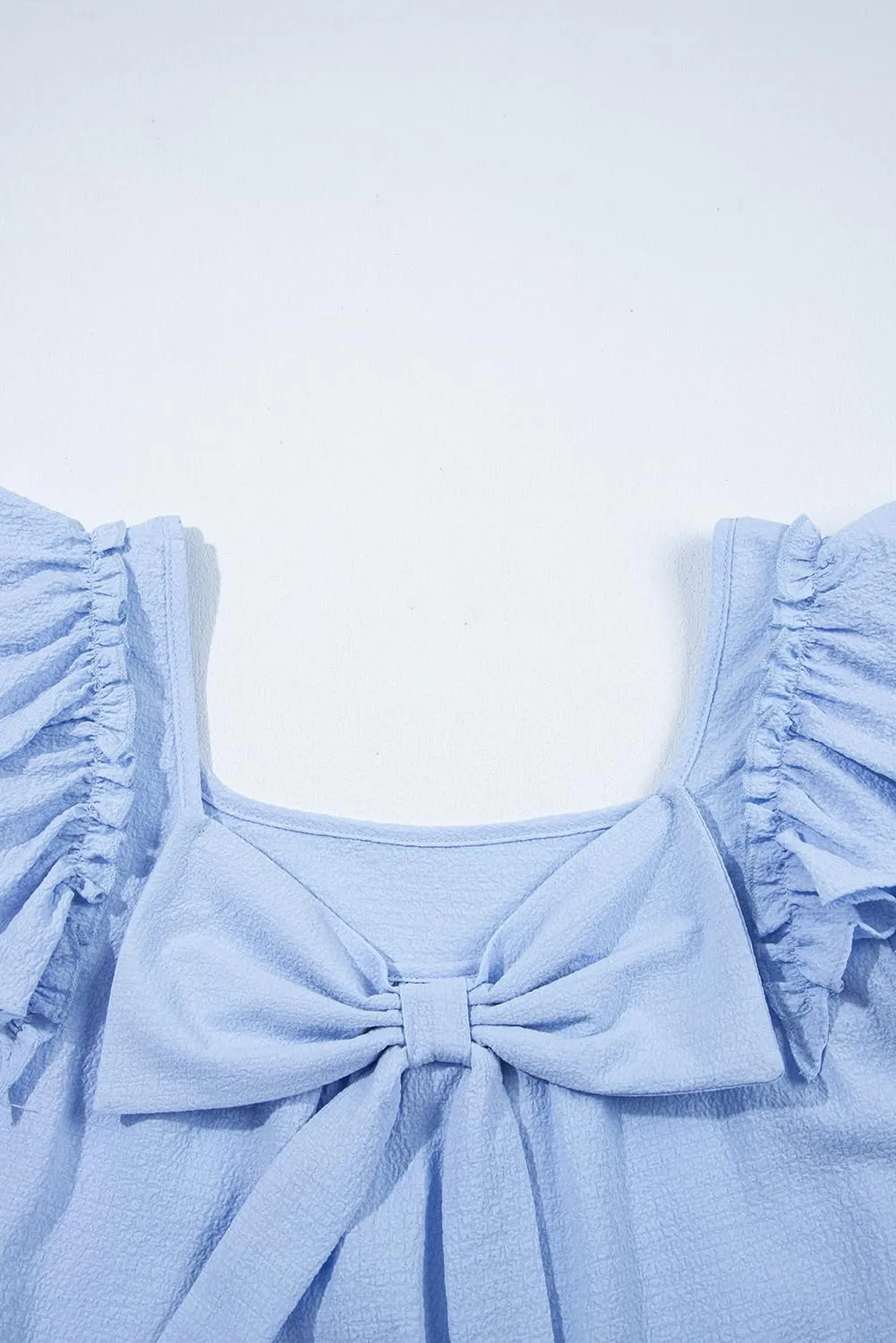Women's 2025 Summer Top Ruffle Butterfly Sleeve Square Neck Bow Knot Textured Shirt Casual Blouses
