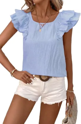 Women's 2025 Summer Top Ruffle Butterfly Sleeve Square Neck Bow Knot Textured Shirt Casual Blouses