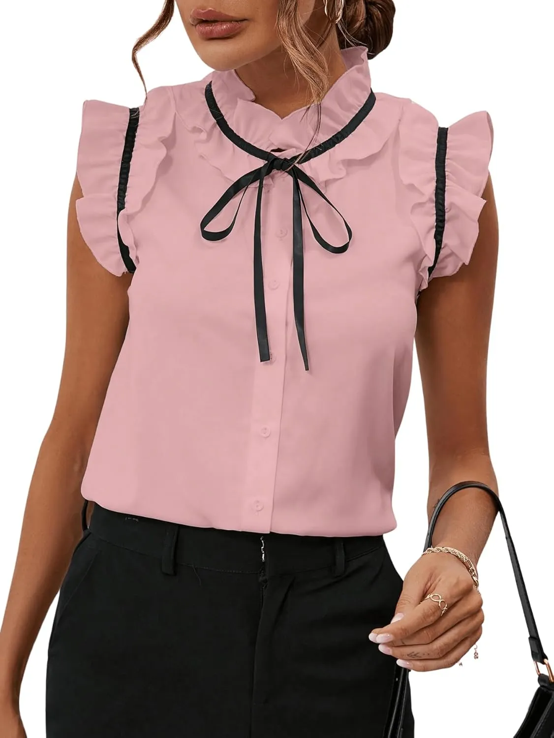 Women's Elegant Bow Front Ruffle Trim Mock Neck Flounce Cap Sleeve Button Front Regular Fit Blouse Shirt Top