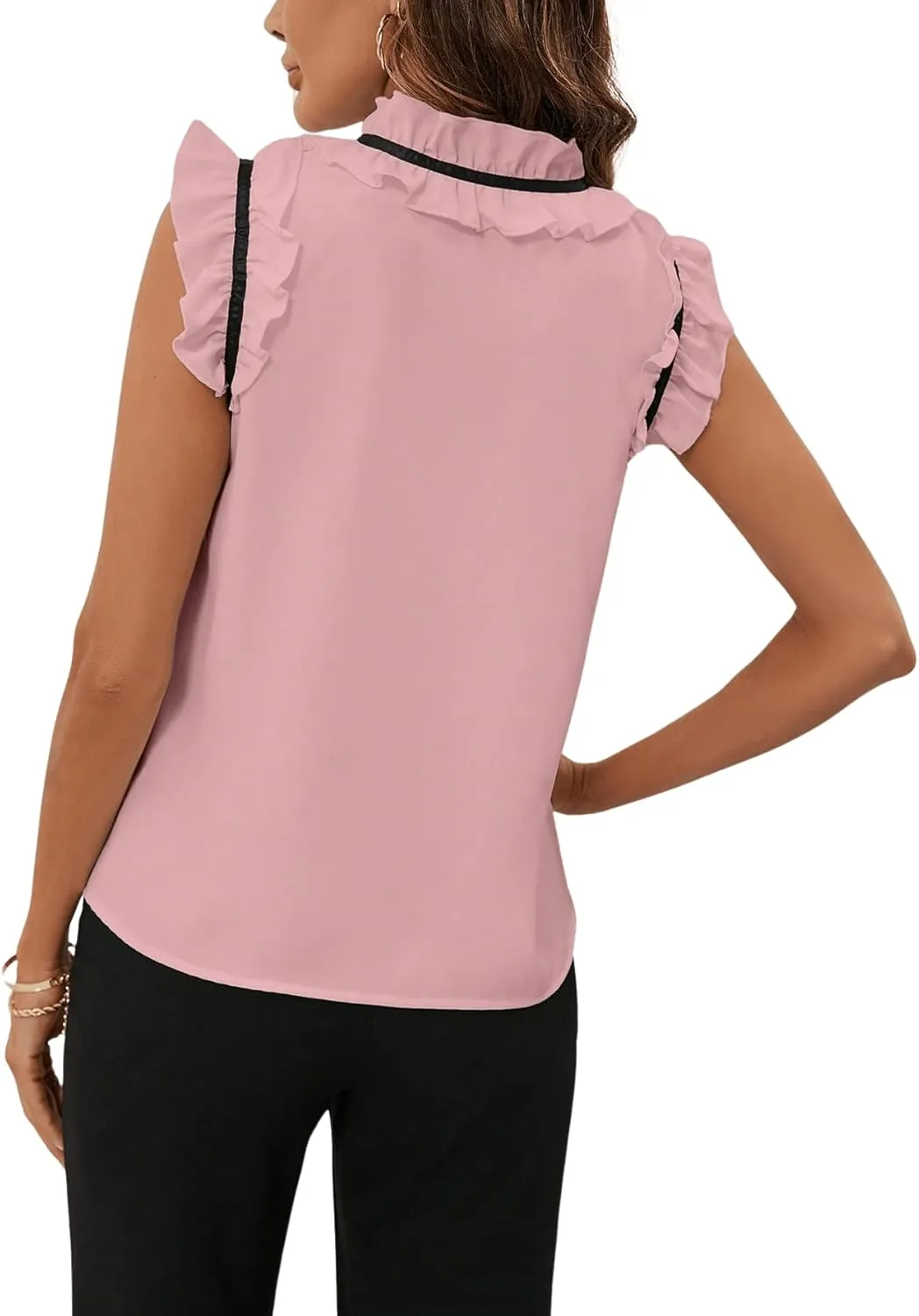 Women's Elegant Bow Front Ruffle Trim Mock Neck Flounce Cap Sleeve Button Front Regular Fit Blouse Shirt Top